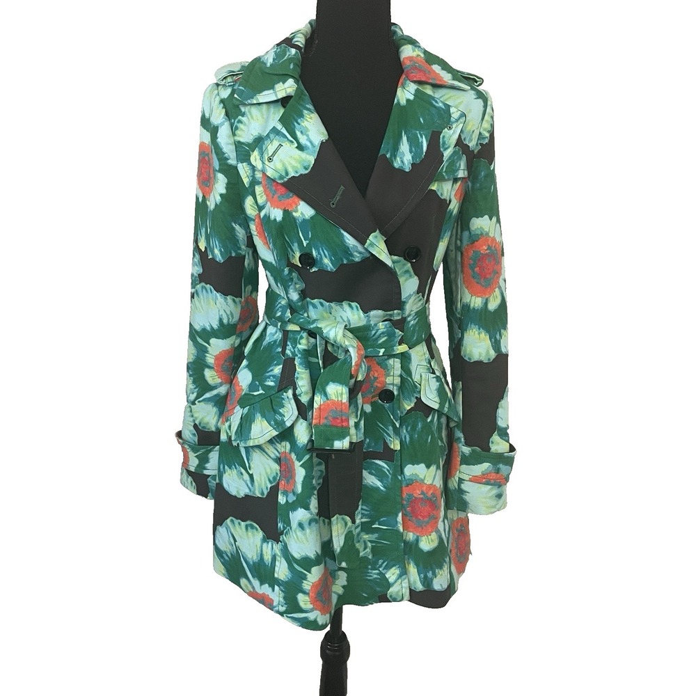 BANANA REPUBLIC Sz S Floral Belted Trench Coat Green Multicolor Double Breasted